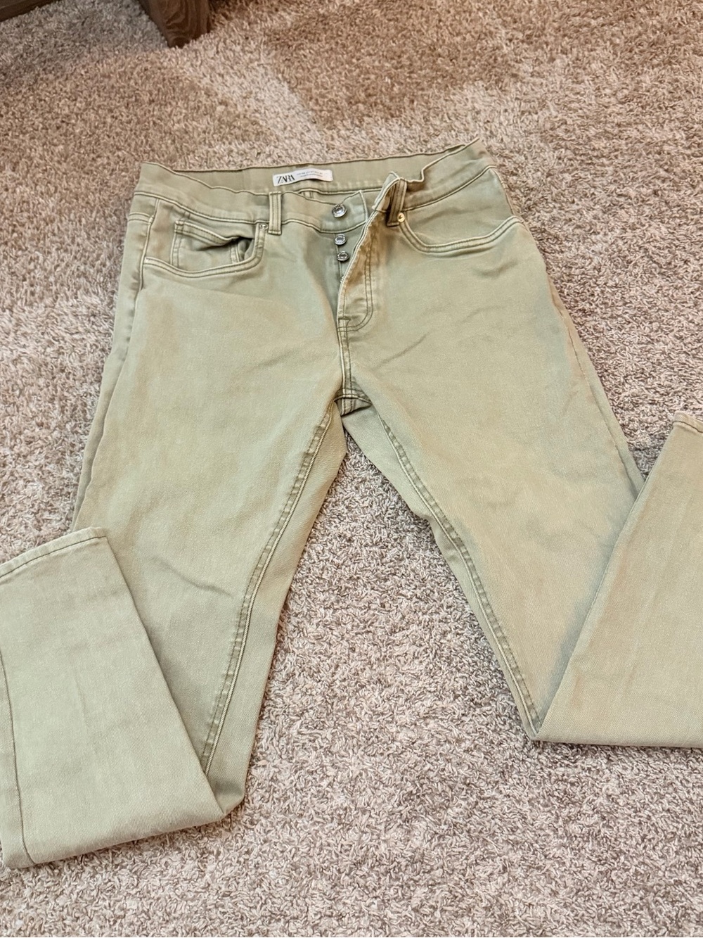 ZARA Men's Green Straight Fit Mid Rise Button Fly Light Wash Jeans 98% cotton